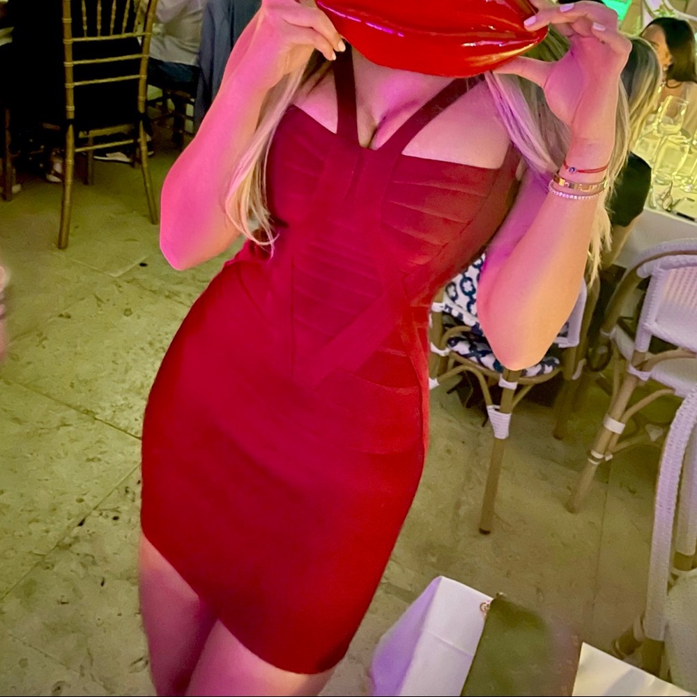 Herve Leger Deep Red Double Strap Dress